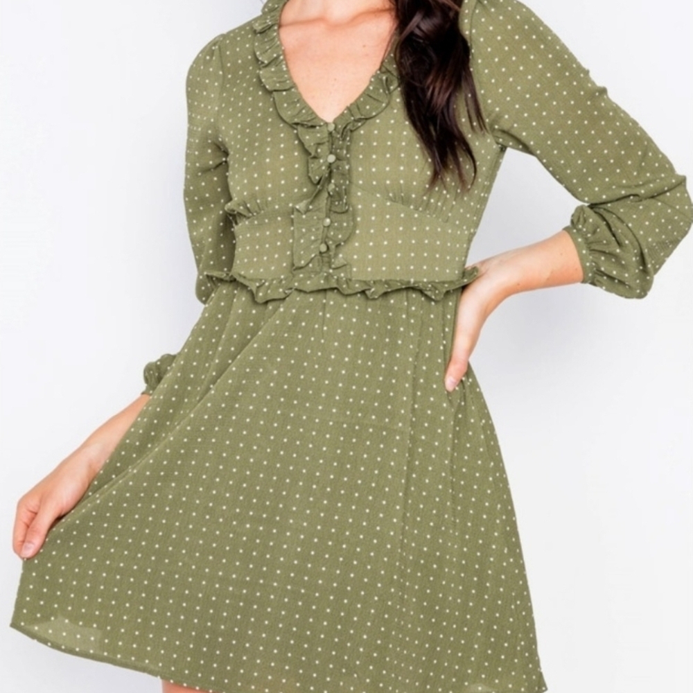 Le Lis Olive Long Sleeve Dress with Dots